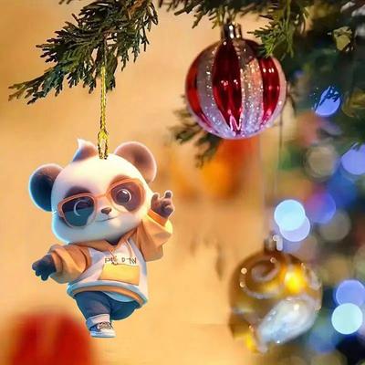 Panda Christmas Ornament 2D Acrylic Cartoon Panda Christmas Tree Hanging Ornament Cute Car Interior Accessories for Car Rear View Mirror Xmas