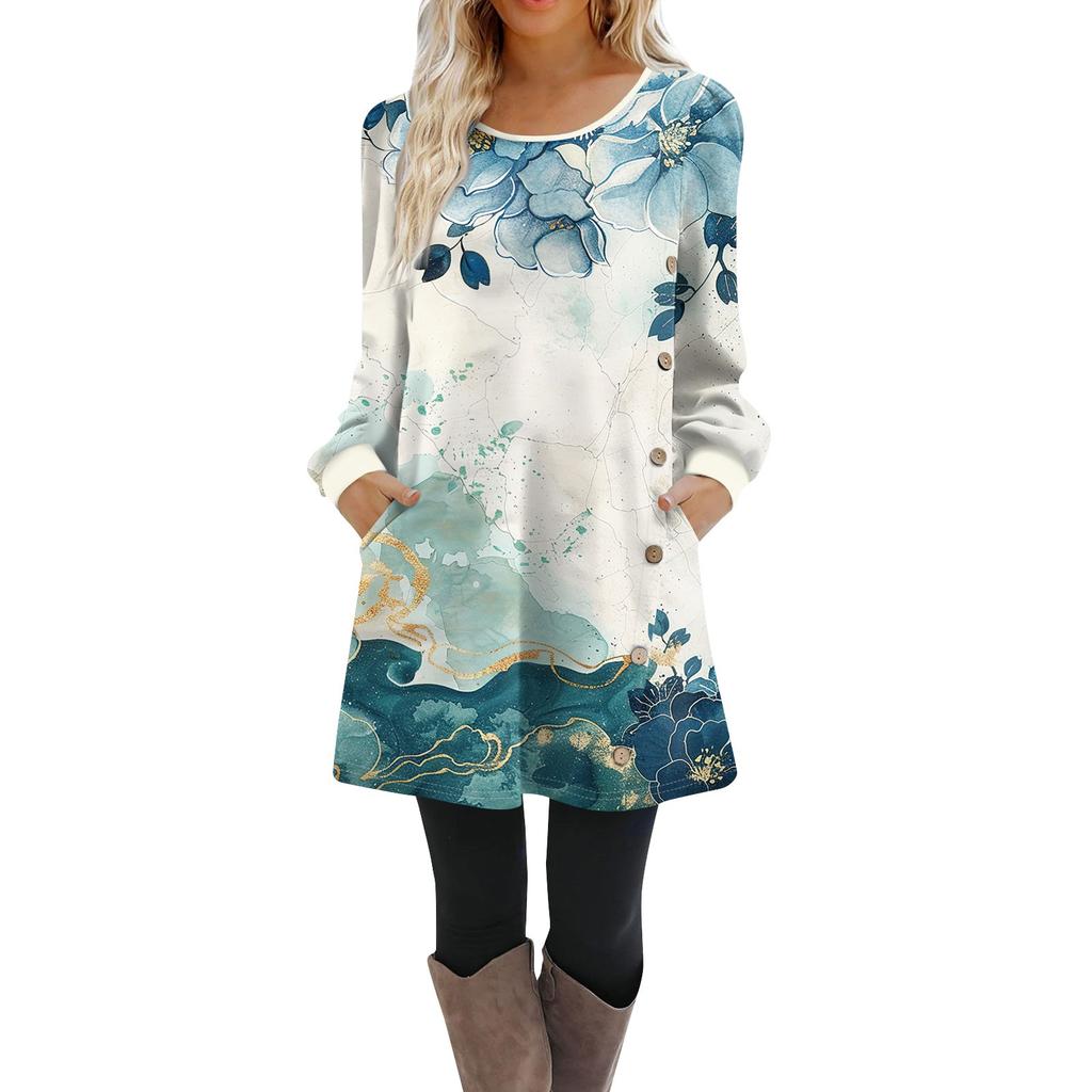 Damen Langarm A-Linien-Kleid Lässiger Pullover Mit Knopf Lockere Passform Kleid Mit Taschen