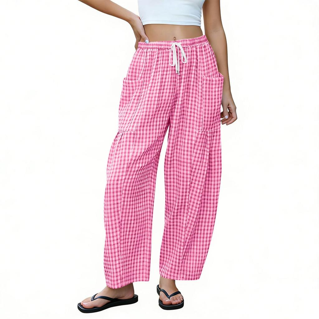 Women’s Loose Fit Plaid Drawstring Waist Wide Leg Pants with Large Side Pockets Casual Lightweight Trousers