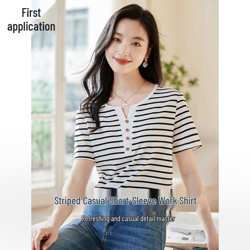 Chushen Women s Striped V-Neck Casual T-Shirt S