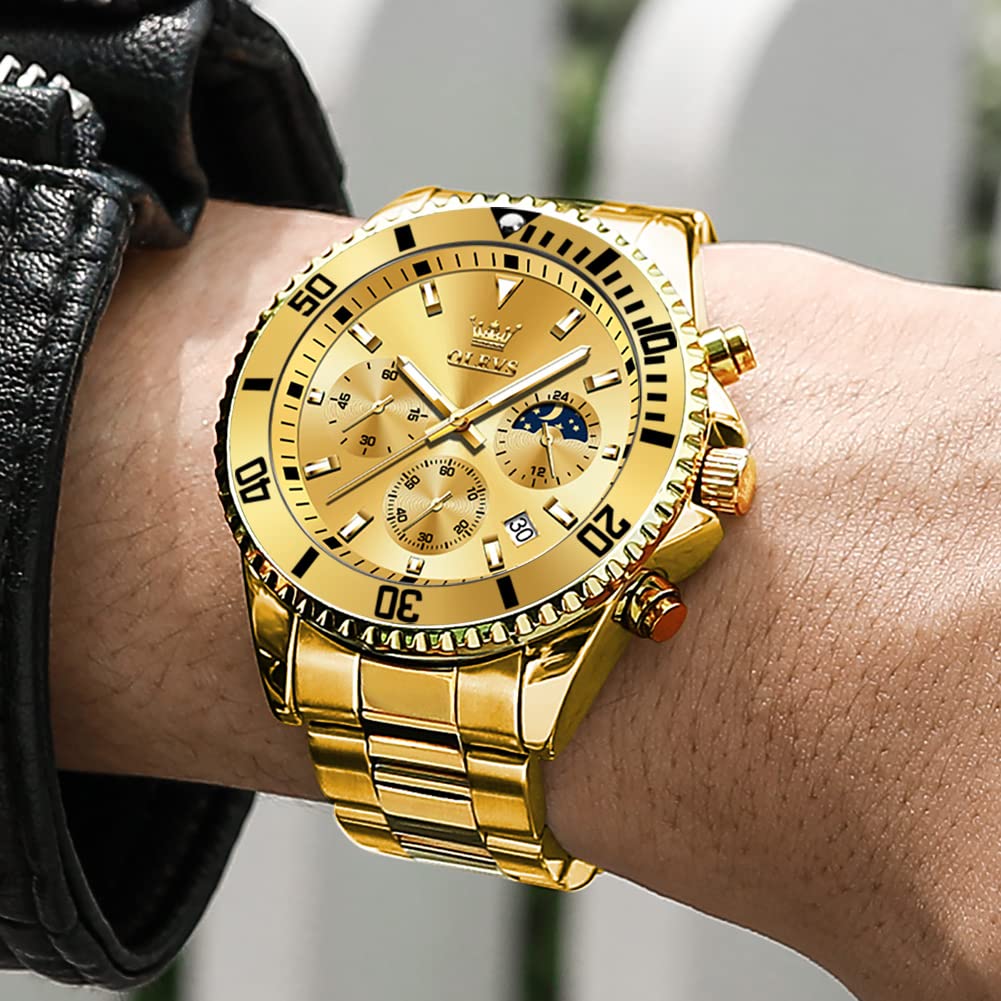 OLEVS Módní oblíbené quartzové hodinky z nerezové oceli, ležérní vodotěsné, snadno čitelné, zlatý ciferník, módní obchodní hodinky s datem, analogové zlaté hodinky