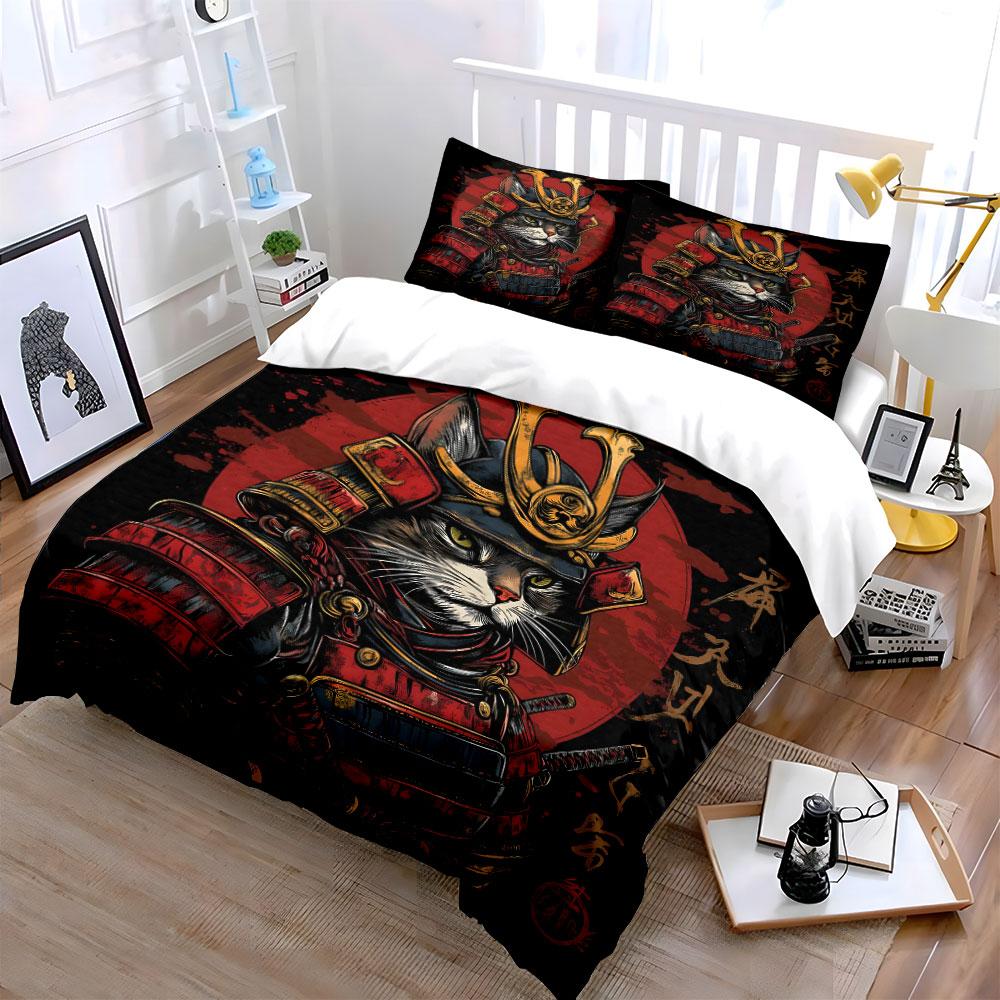 Samurai Katze Kunst Set Dekor Mehrere Größen Kinder- und Schlafzimmer für Erwachsene Exquisites 3-teiliges Bettwäsche-Set Geschenk