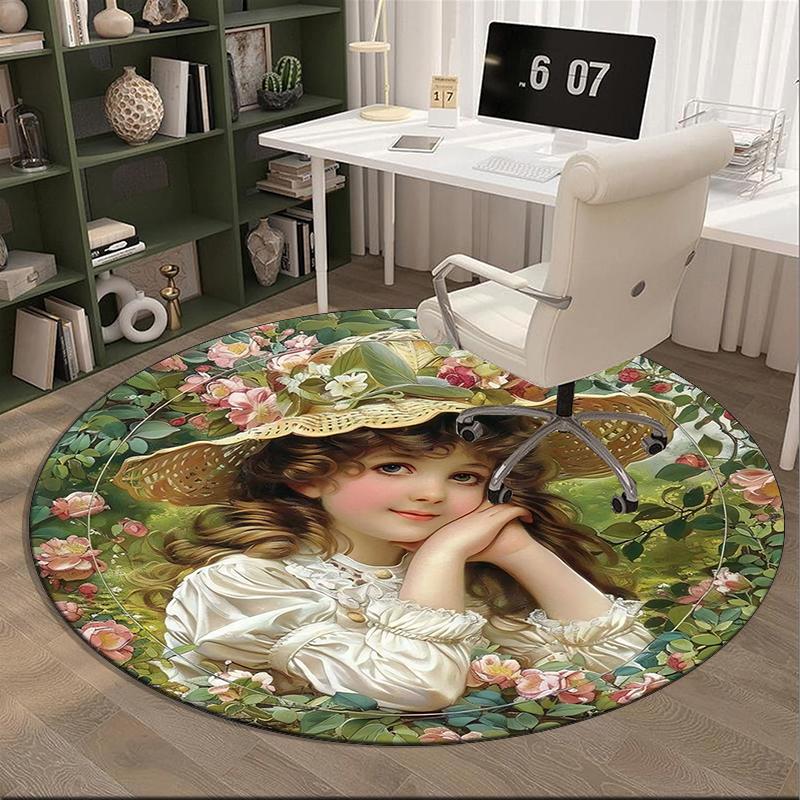 Floral Fantasy: Child's Garden Round Carpet Chair Cushion Round Entryway Rug, Soft Round Rugs for Living Room, Bedroom, Circle Carpet Decor Gifts