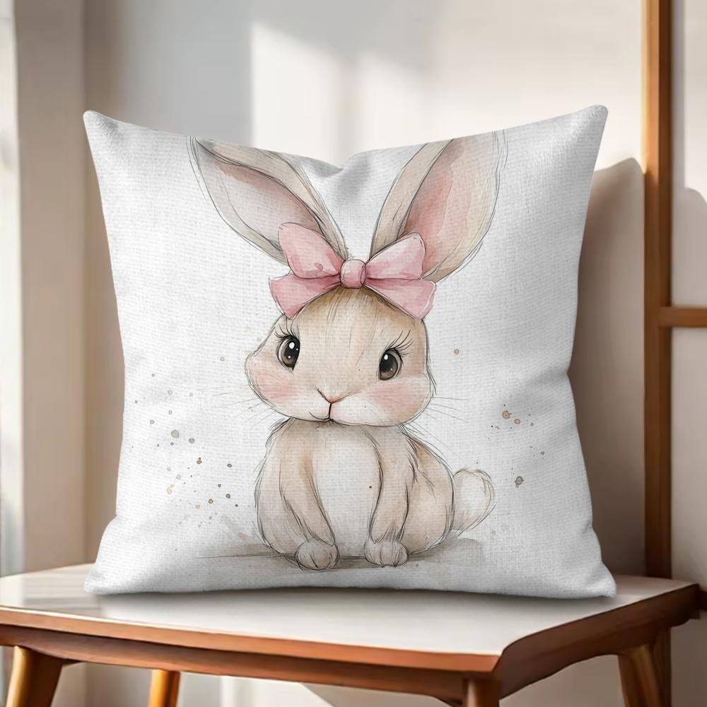 Cute Retro Bunny Cushion Cover Natural Linen Organic Fabric DoubleSided Printing Couch Pillow Covers Home Decor
