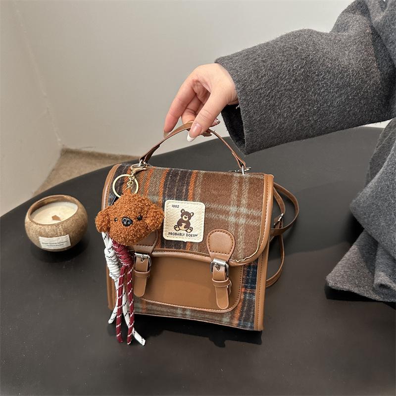 Woolen Plaid Portable Small Bag Women's 2025 New Trendy Fashion College Style Backpack Winter Retro Messenger Bag