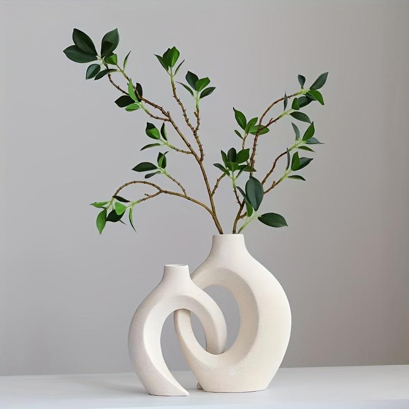2-teiliges Set, weiße Keramikvase im nordischen Boho-Stil für die Inneneinrichtung – matte, hohle Blumenvase für Hochzeit, Esstisch, Wohnzimmer, Büro, Schlafzimmer