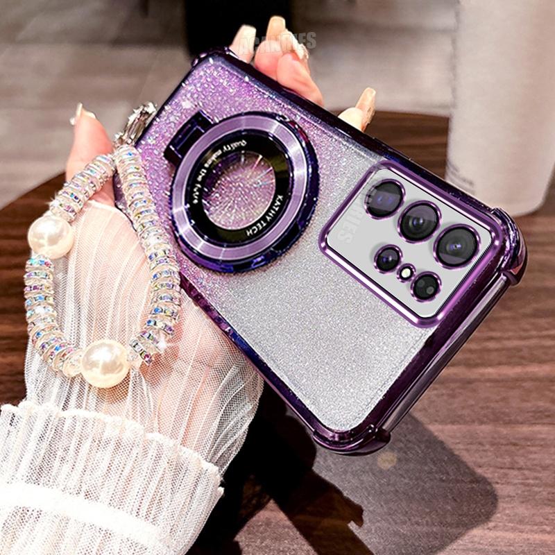 Lanyard Chain Plating Ring Holder Silicone Case For Samsung Galaxy S25 S21 S22 S20 S23 S24 Fe Plus Ultra Shockproof Stand Cover
