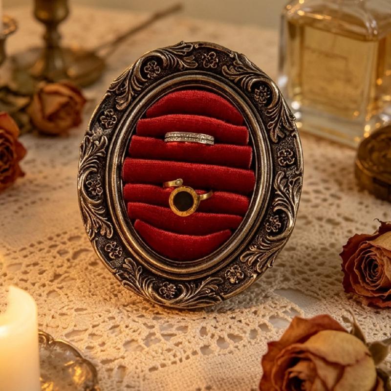Ring Display Tray with Multiple Horizontal Slots, Ornate Oval Scrollwork Frame and Flat Base for Tabletop Presentation