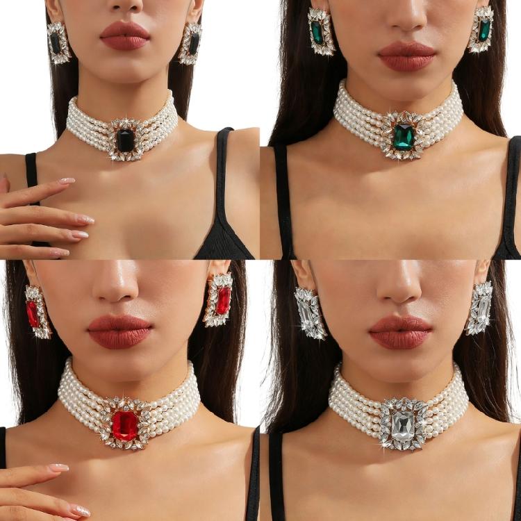 Chic Geometric Design Colorful Crystal Accented Layering Pearls Necklace And Earrings Jewelry Set for Gatherings