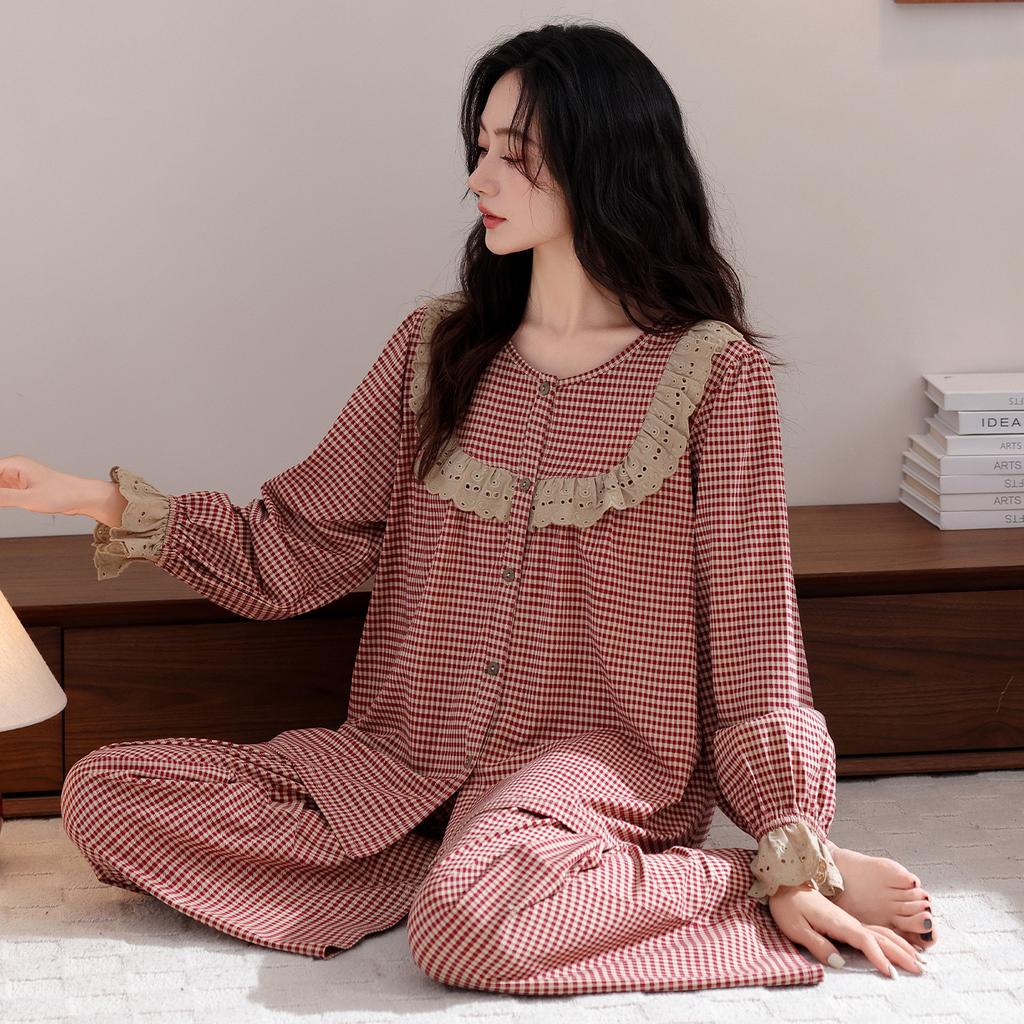 Sweet Princess Style Soft Cotton Pajamas Women's Spring and Autumn New Pullover Plaid Mother Long Sleeve Loose Loungewear
