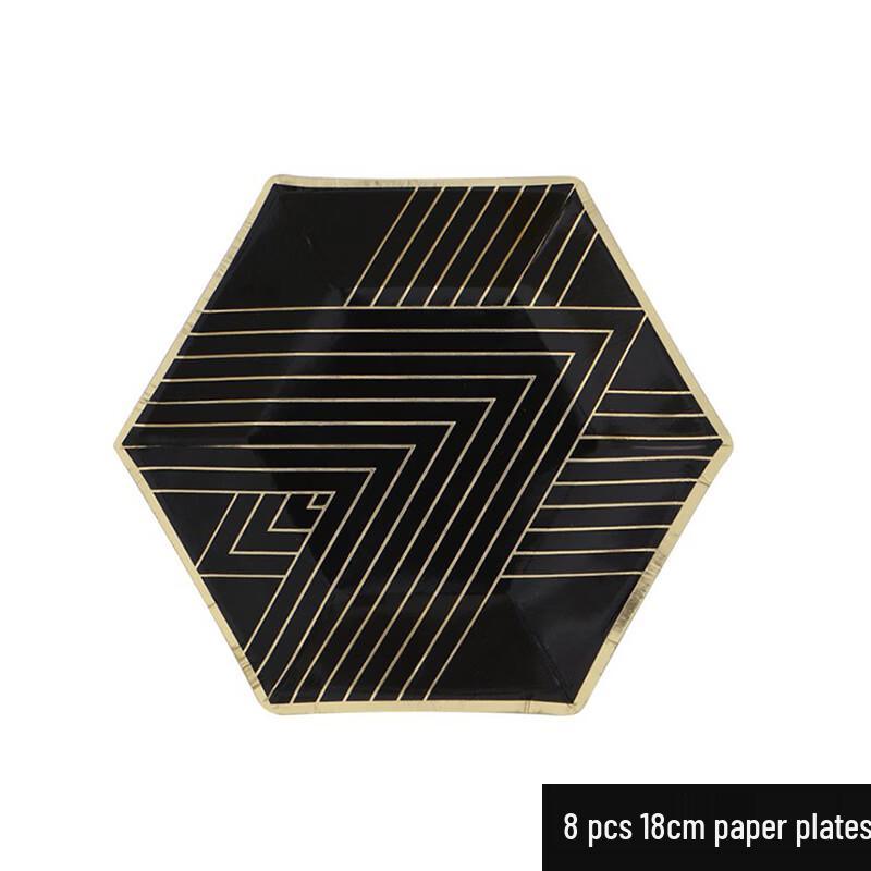 

OIMG Hexagonal Black & Gold Striped Paper Plates