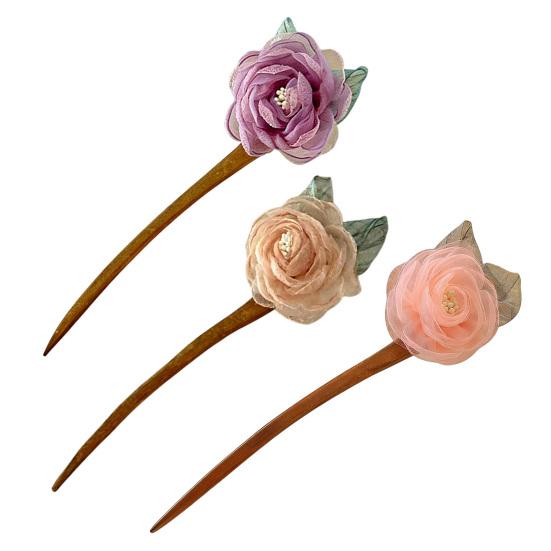 Hair Stick 3D Mesh Yarn Rose Flower Decor Bun Hair Stick Easy to Wear Hair Organizer Clip Hair Styling Accessory