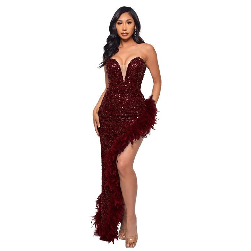 Women's Dress Long Haute Couture Strapless Backless Sequin Dress Feather Patchwork Gown