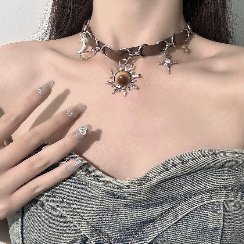 Retro Brown Opal Sun Pendant Necklace for Men Women Hip Hop Crystal Cross Leather Patchwork Necklace Grunge Party Jewelry