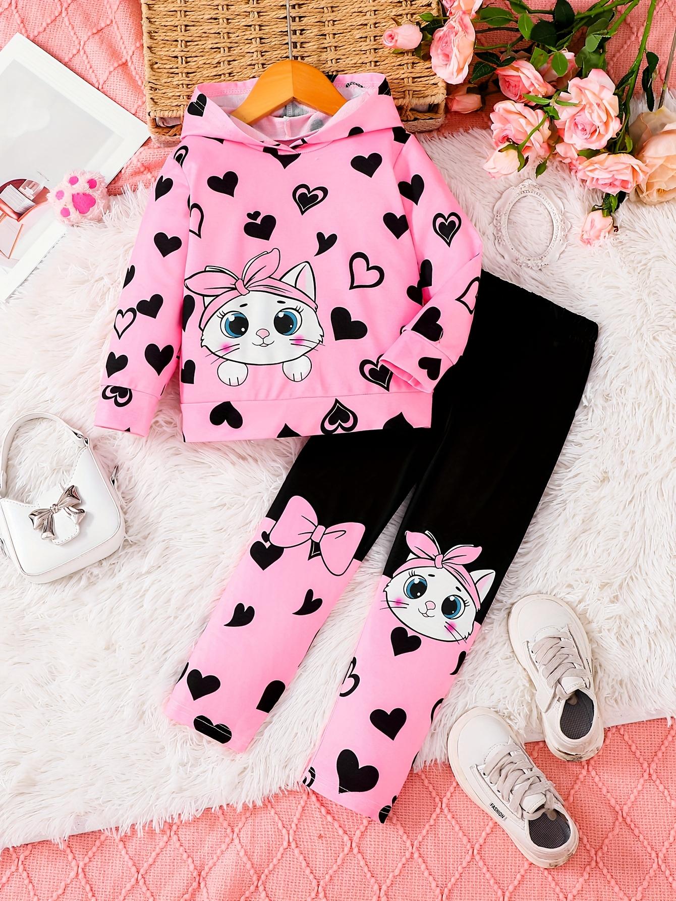 

Fall and winter fashion girls baby sets, cute cat + heart pattern hooded sweatshirt + pants, casual and simple, suitable for outdoor activities. 9-12M розовый