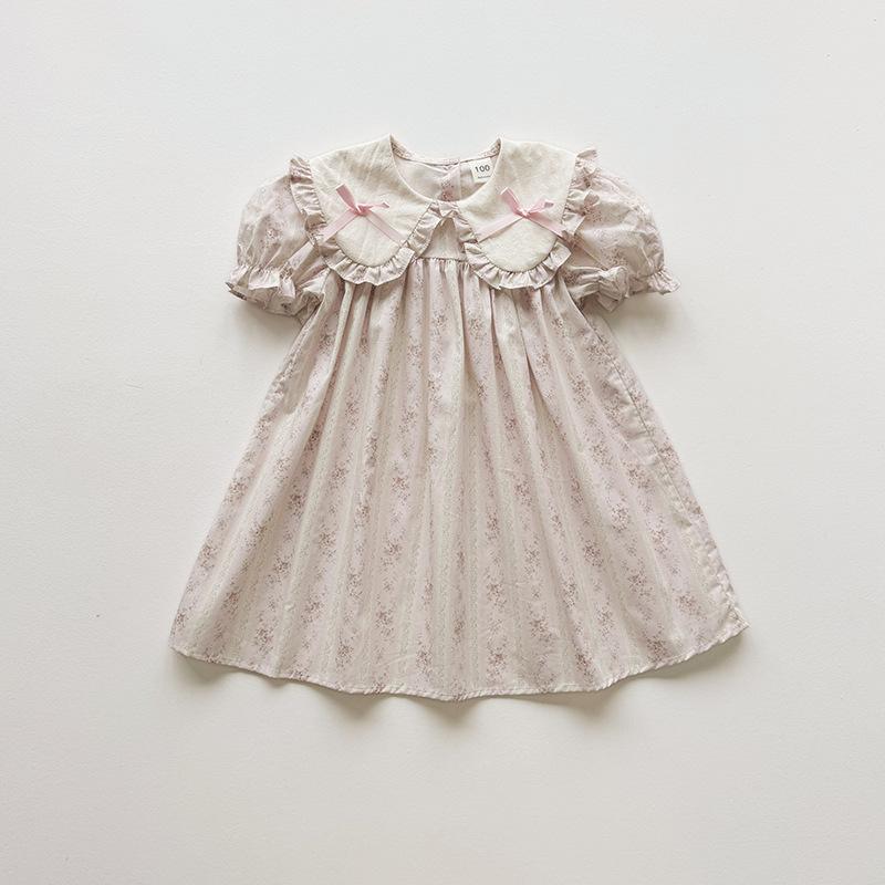 Summer Girls Contrast Peter Pan Collar Floral Print Short Sleeve Princess Dress Sweet Kids Clothing 90cm