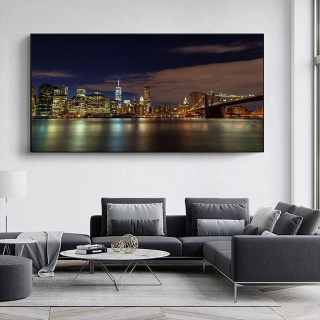 

Ночной вид Бруклинский мост Нью-Йорк Пейзаж Холст Картина Плакаты и принты Настенные художественные фотографии Комната Домашний декор Без рамки 30*60cm