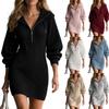 Women's Casual Hooded Half Zip Long Sleeve Ribbed Knit Bodycon Dress with Cinched Waist