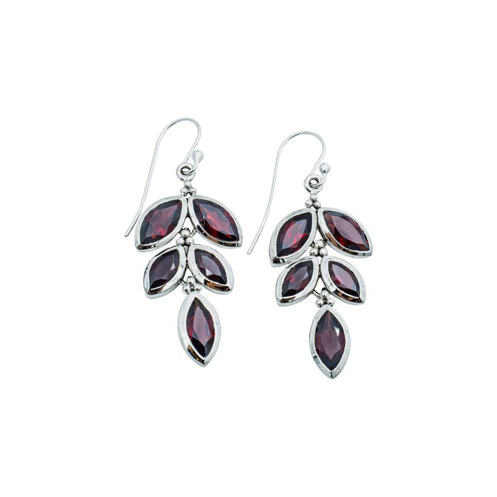 Garnet Dangle Earrings: 925 Sterling Silver Leaf Design