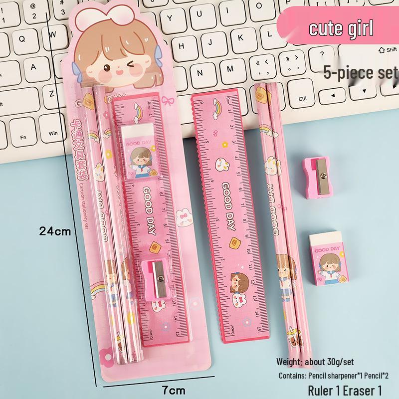 Cartoon Pencil Set with Ruler, Eraser, and Sharpener for Primary Students