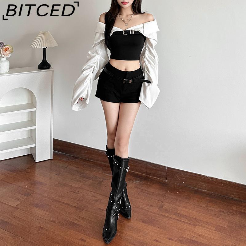 BITCED Autumn Women's Solid-Colour Slim-Fit Cropped Streetwear V-Neck Long-Sleeved Top