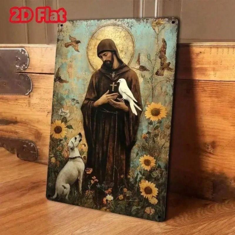 

Tin Sign Wall Art, St Francis of Assisi with Animals, Rustic Farmhouse Decor for Living Room