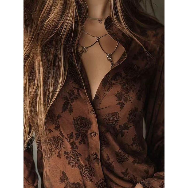 Women S Vintage Long Sleeve Floral Print Brown Shirt