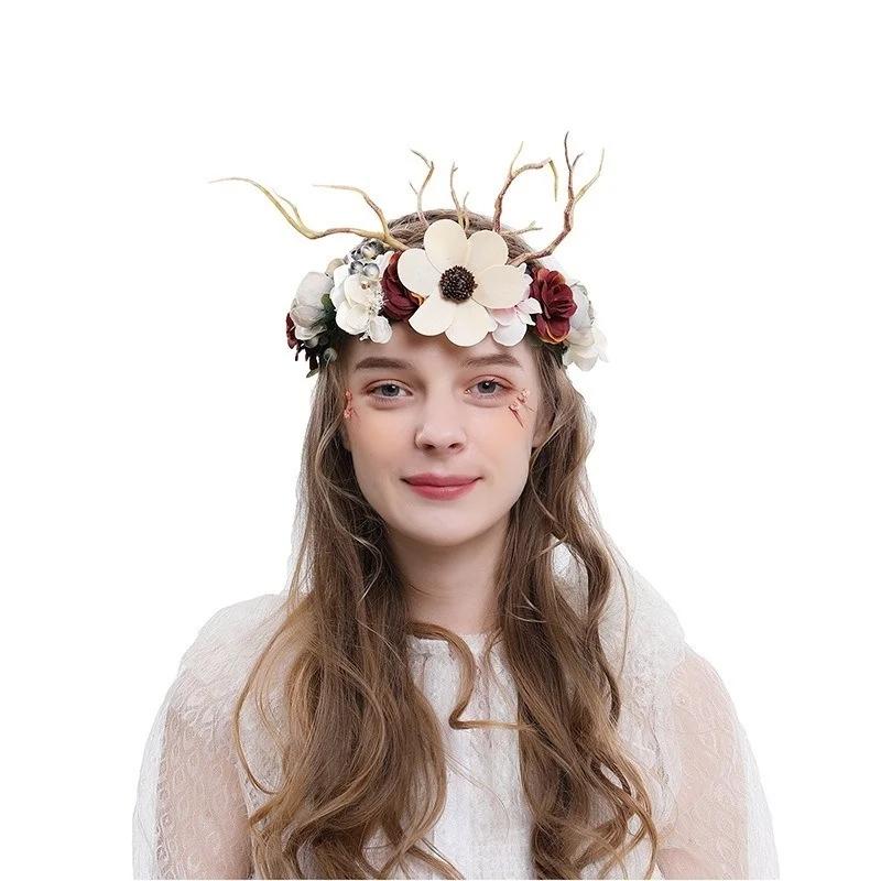 Retro Forest Branch Antlers Rose Gypsophila Dry Flower Garland Exaggerated Prom Catwalk Dress Event Accessories
