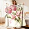 Pink Tulip Flannel Blanket, Soft and Comfortable Throw Blanket, Watercolor Tulip and Bow Design, All-Season Warm Sofa Blanket, Lightweight Floral Deco