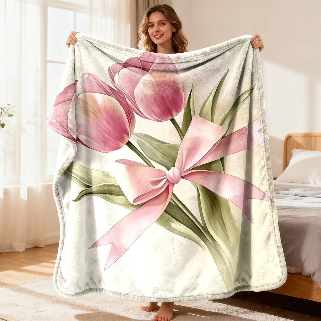 Pink Tulip Flannel Blanket, Soft and Comfortable Throw Blanket, Watercolor Tulip and Bow Design, All-Season Warm Sofa Blanket, Lightweight Floral Deco