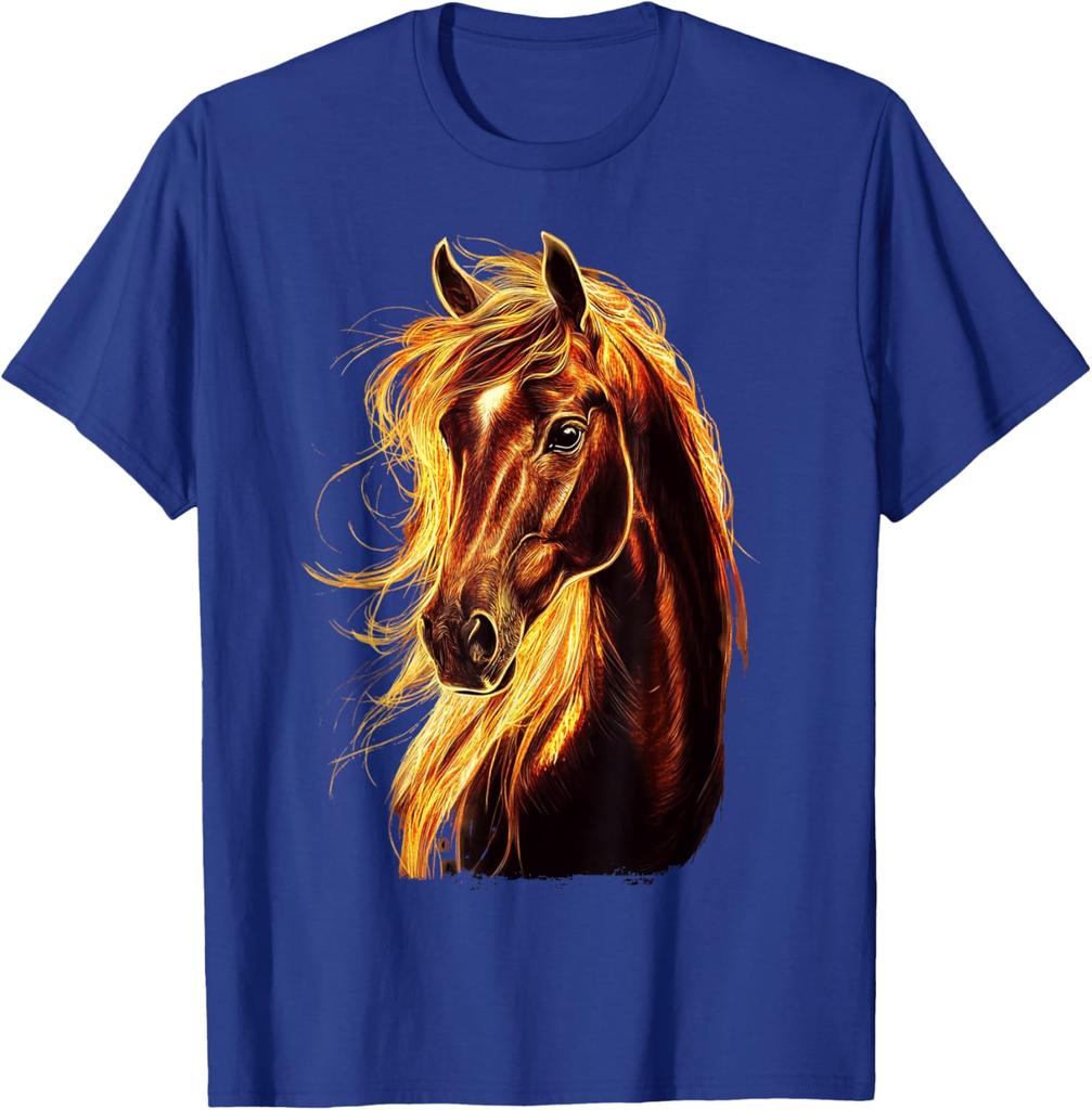 Feuriges Pferdekopf Grafik-T-Shirt Atmungsaktives Baumwoll-Kurzarm-T-Shirt für Reitsport-Liebhaber