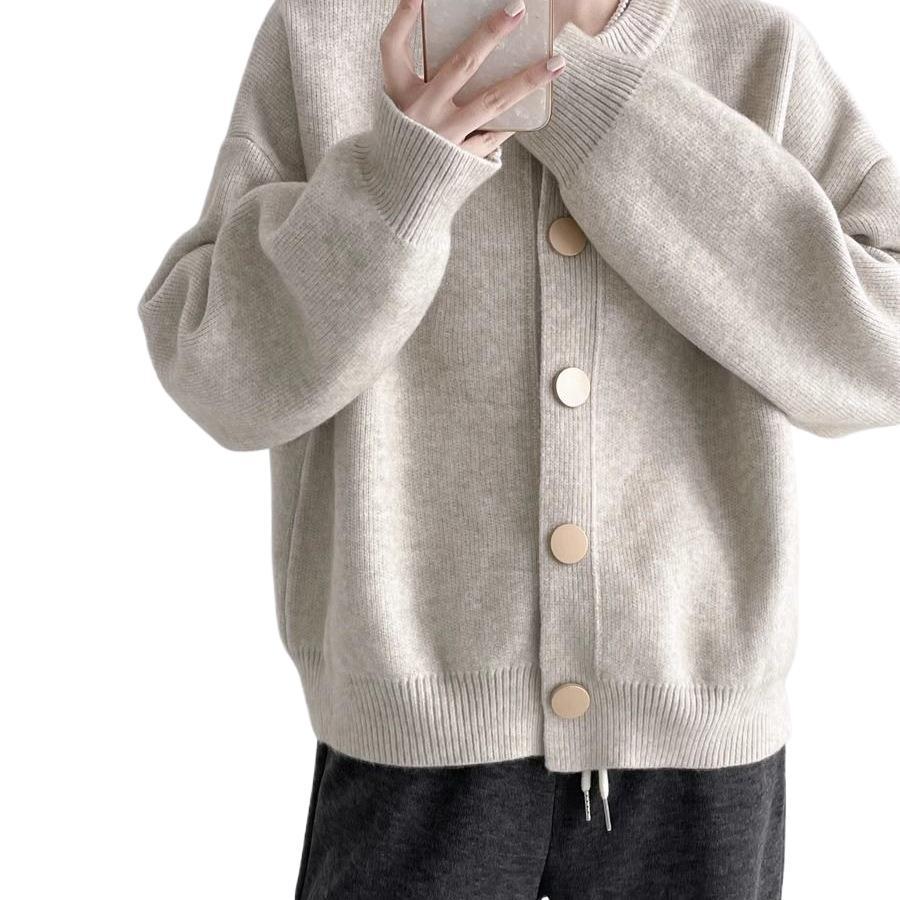 Thick Knit Single-Breasted Solid Color Cardigan - Loose Fit, Round Neck
