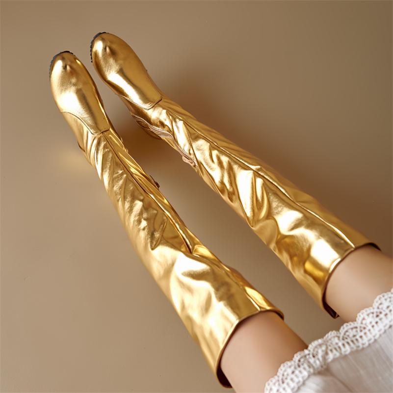 FOREADA Women Thigh High Boots Round Toe Height Increasing Pleated Zipper Metallic Long Boots Ladies Fashion Shoes Autumn Winter 43
