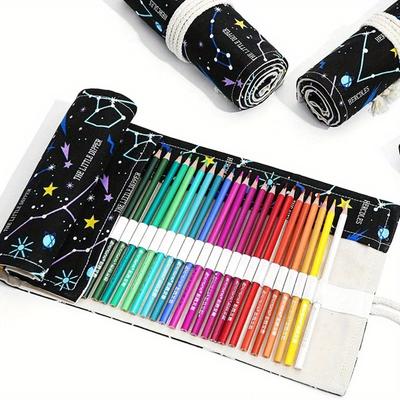 12/24/36/48/72 HolesThick Canvas Pen Curtain Starry Sky Printing Roll Pen Pouch Sketching Supplies Stationery Storage Bag