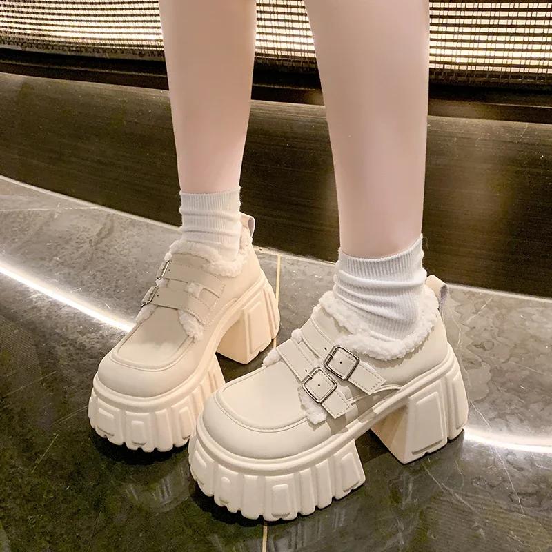 Fashion 8.5CM Winter Warm Casual Leather Shoes Heels Women High Platform Fur Sneakers Thick Sole Plush Sport Leather Shoes Zapatos Mujer