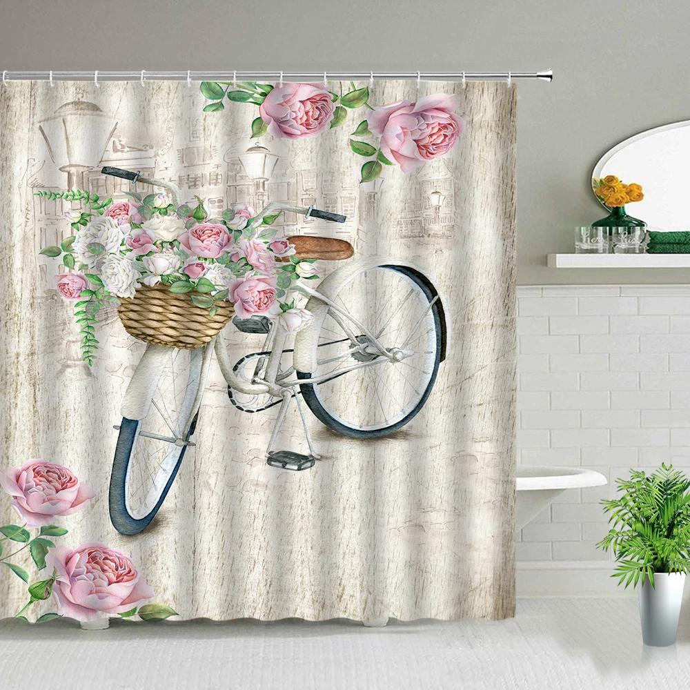 Retro Old Street Building Bicycle Landscape Shower Curtains European Style Poster Bathroom Curtain Waterproof Fabric With Hooks