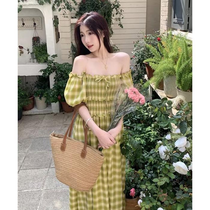 

Французское Ретро Платье в Клетку Женское Летнее Чувство Дизайна для Полных Два Варианта Носки Платье с Открытыми Плечами 2XL зелёный