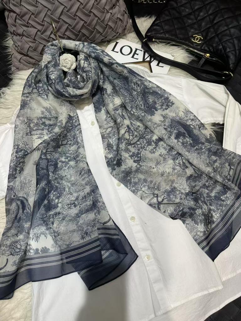 Blue Green 100% Silk Shawl Scarf Women Fashion New Floral Design Long Scarves Wraps Summer Chiffon Beach Scarf Wrap 180*110Cm