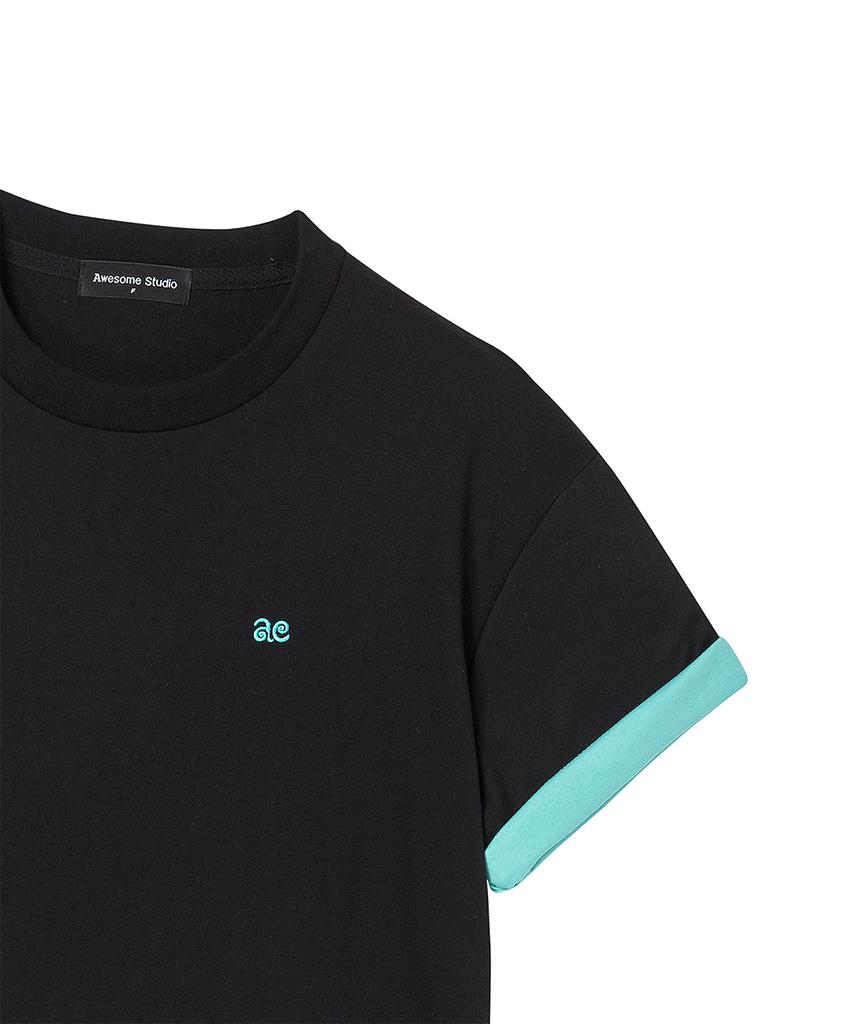 AWESOME STUDIO Color Block Roll-Up Sleeve T-Shirt Black