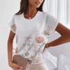 Women's summer V-neck loose short-sleeved white fashionable women's T-shirt 3D center flower small fresh top casual clothes