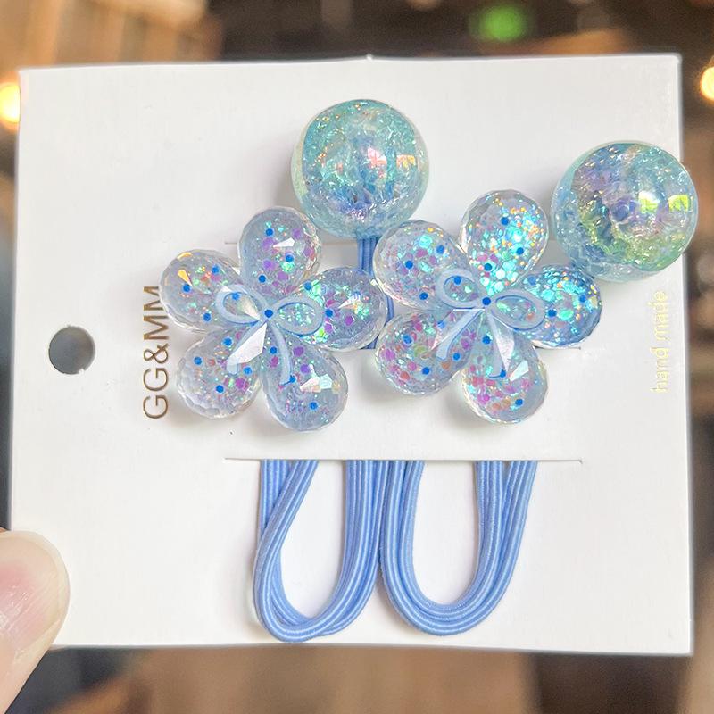 1pair Glitter Korean Style Cartoon Flower Bow Hair Ties Colorful Stretchy Hair Bands for Kids Girls Soft Elastic Kids Headwear