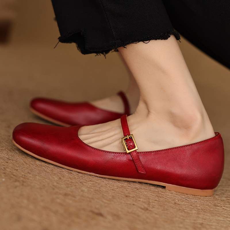 Krazing Pot Kuhleder Mode Frühling Herbst Schönheit Flach mit Damen Square Toe Schuhe Mary Janes Flache Ballerinas