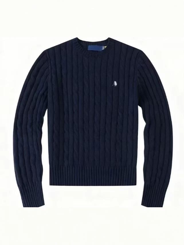 Women's V-Neck Cable Knit Cardigan with Horse Logo Embroidery - Pure Cotton, Long Sleeve, Casual Style.