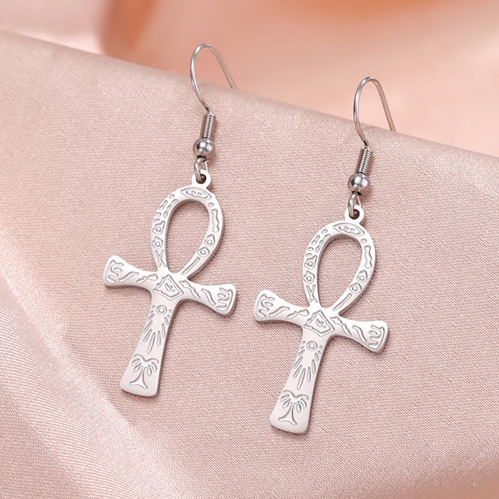 Dawapara Pictographic Symbols Ankh Cross Earrings Ancient Egyptian Symbol of Life Protection Amulet Religious Stainless Steel