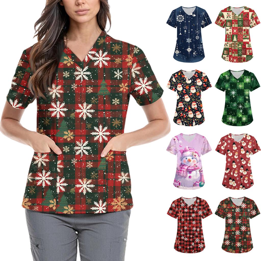 Women's Cute Bow Printed Work Clothes V-neck Double Layer Pockets Basic Short Sleeve Top Pullover