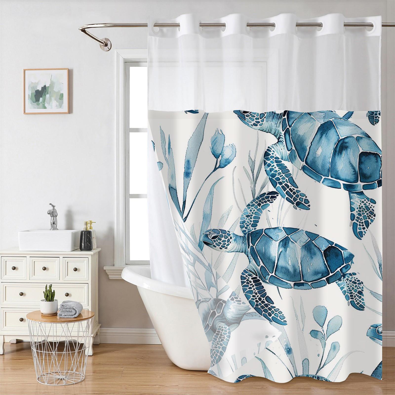 

Занавеска для душа с рисунком черепахи без крючков, с тканевой подкладкой на кнопках, прозрачным верхним окном, водонепроницаемая двухслойная занавеска для ванны 180X188cm синий