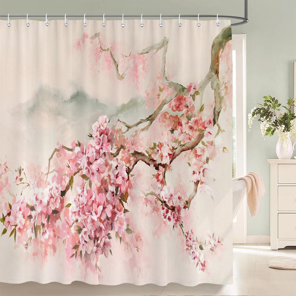 Mönster med blommor och fåglar Duschdraperi 3D Badskärm Vattentätt tyg Badrumsinredning 240X180cm Med krok Duschdraperier