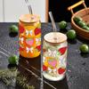 16oz Strawberry Bow Printed Drinking Glass Can With Bamboo Lid Straw Various Patterns Iced/Coffee Tumbler For Christmas Gift