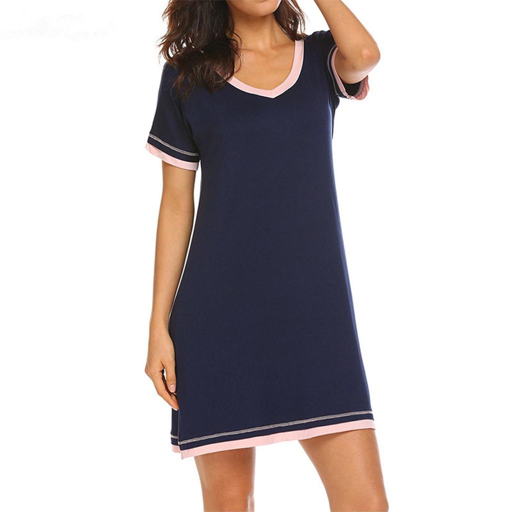 Women Fashion Short Sleeve Causal Patchwork Pullover Loose Home Sleep Dress