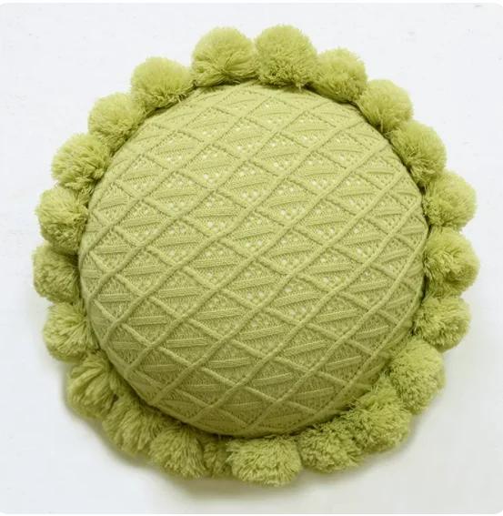 Home Decoration Knitting Cushion Cover Mint Green Tassel Pillowcover Modern Sofa Living Room Waist Pillow Bed Head Round Pillow
